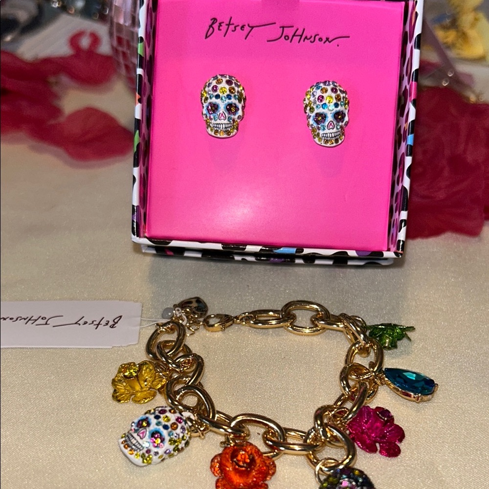 Betsey Johnson Multicolor Skull Earrings and Floral Charm Bracelet